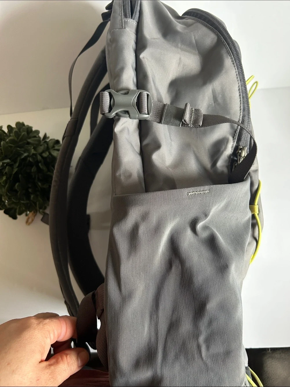 Patagonia Gray Backpack with Yellow Bungee Accents